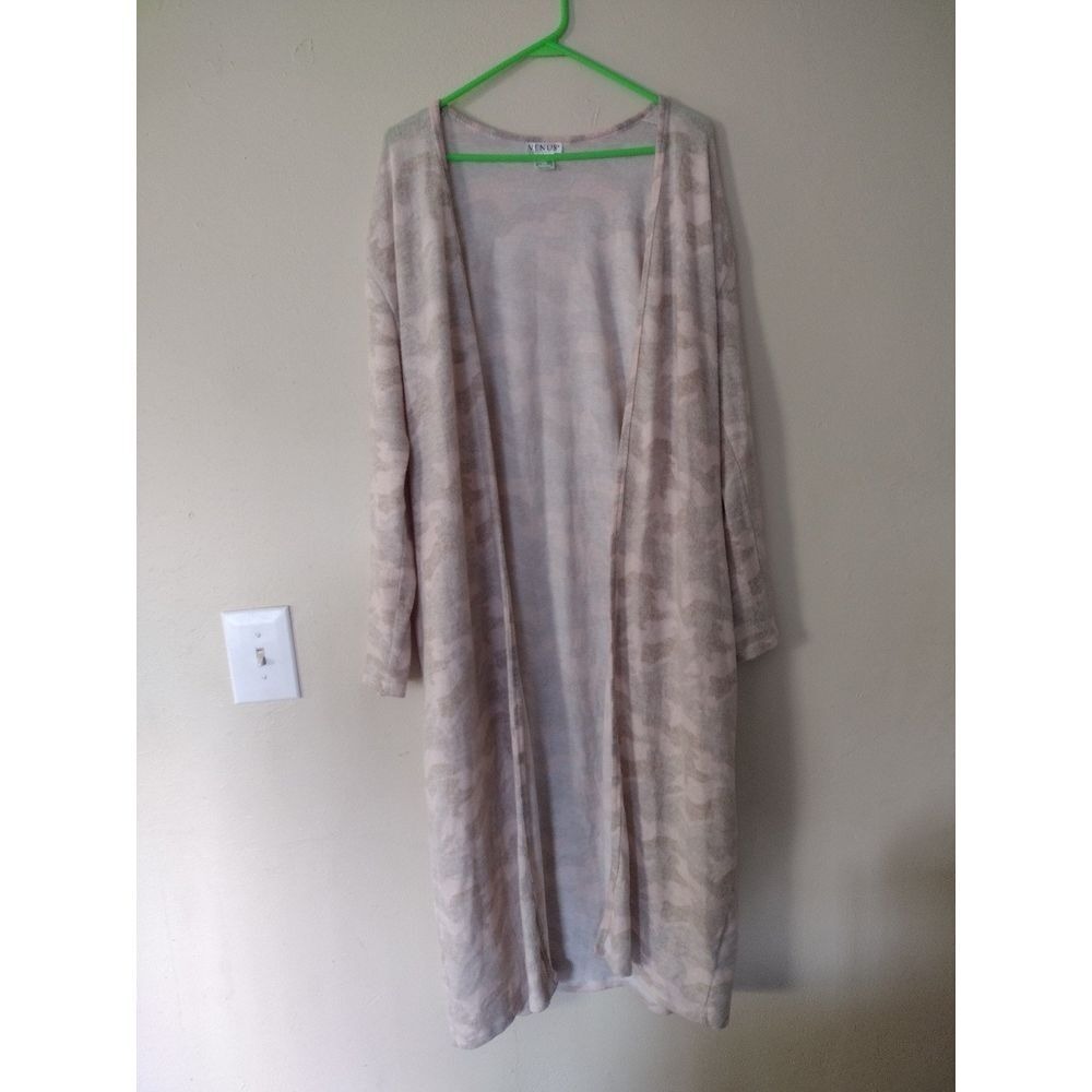 Venus Womens Camo Open Front‎ Duster Cardigan Grey Beige Knit Longline Pockets M